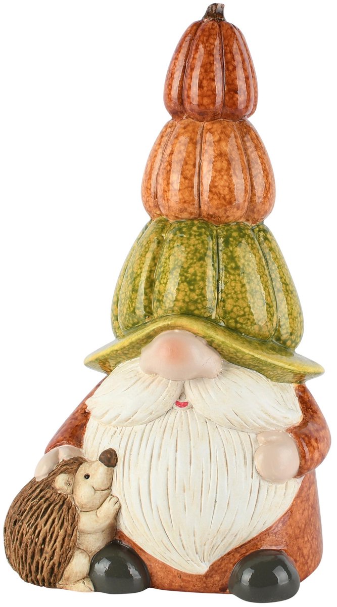 Dekoratief | Herfstgnoom m/egeltje, bruin/groen, keramiek, 12x10x21cm | A265417