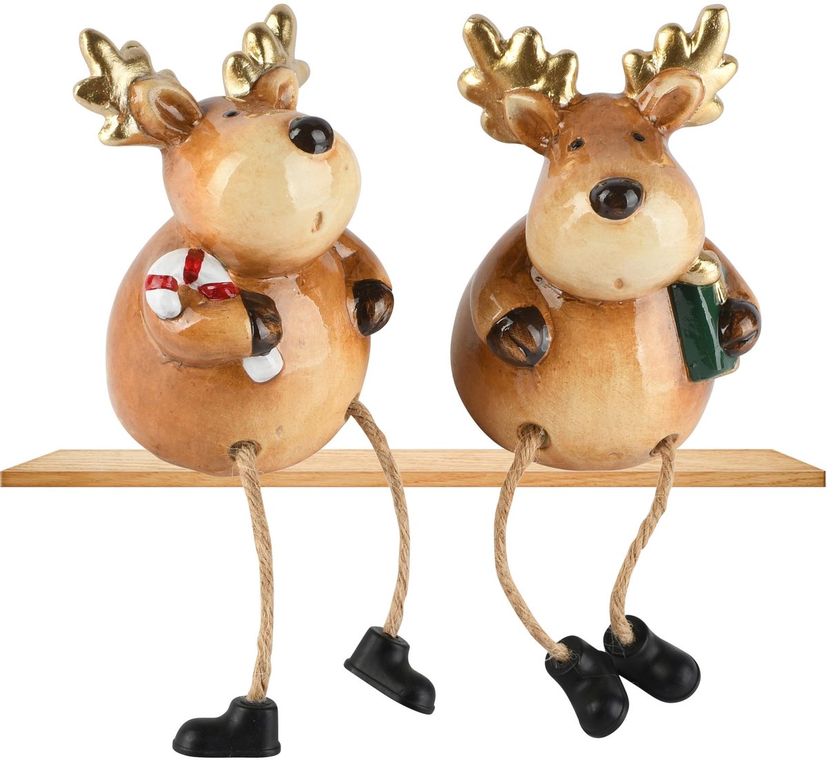 Dekoratief | Rendier m/hangbenen, bruin/goud, keramiek, 8x8x18cm, set van 2 stuks | A265418