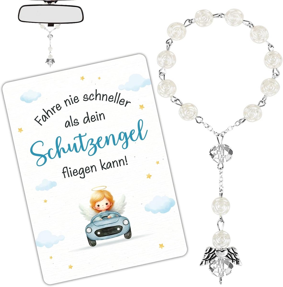 Car Rosary Guardian Angel Pendant Rearview Mirror Car Decoration Interior Lucky Charm Guardian Angel Car Mirror Pendant Short Pearl Angel Car Accessories Small Gift Driving License Existed
