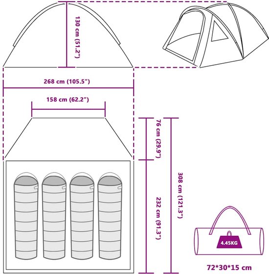 vidaXL - Koepeltent - 4-persoons - 308 - x - 268 - x - 130 - cm - Waterdicht - Groen - taft van Vidaxl — afbeelding 4