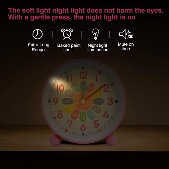 Kinderalarmklok Leren Tijd Analoge Wekker Zonder Tikgeluid en Nachtlampje Snooze Functie — afbeelding 4