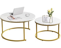 AT-VALY Coffee Table Set of 2 Nesting Tables, Round Sofa Table for Living Room, (D) 31.5cm x (H) 46cm, (D) 23.5cm x (H) 15.5cm (Gold and White)