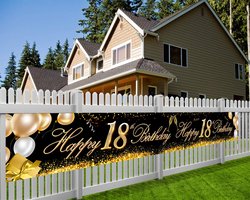 HOWAF Extra Lange Banner voor 18e Verjaardag Decoratie Zwart Goud, 18e Verjaardag Stof Teken Poster Photo Booth Achtergrond voor 18 Verjaardag Deko Tuin Tafel Muur, 2.74 * 0.36 Meter