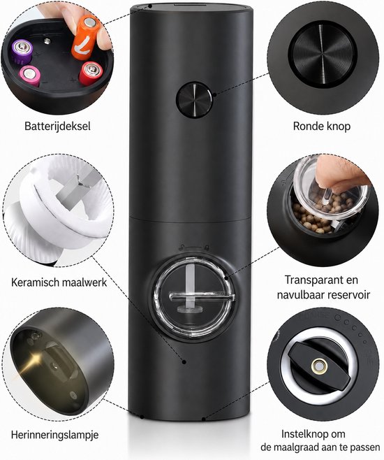 Zwarte elektrische pepermolen met details: batterijdeksel, ronde knop, keramisch maalwerk, transparant reservoir, instelknop maalgraad, herinneringslampje.