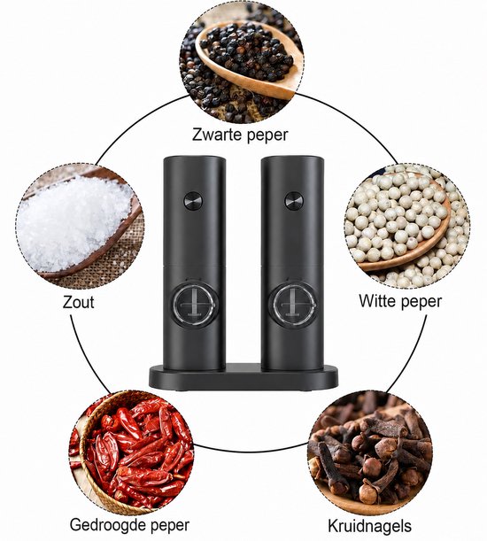 Zwarte elektrische peper- en zoutmolens op een zwarte houder, omringd door afbeeldingen van zwarte peper, witte peper, zout, gedroogde peper en kruidnagels.