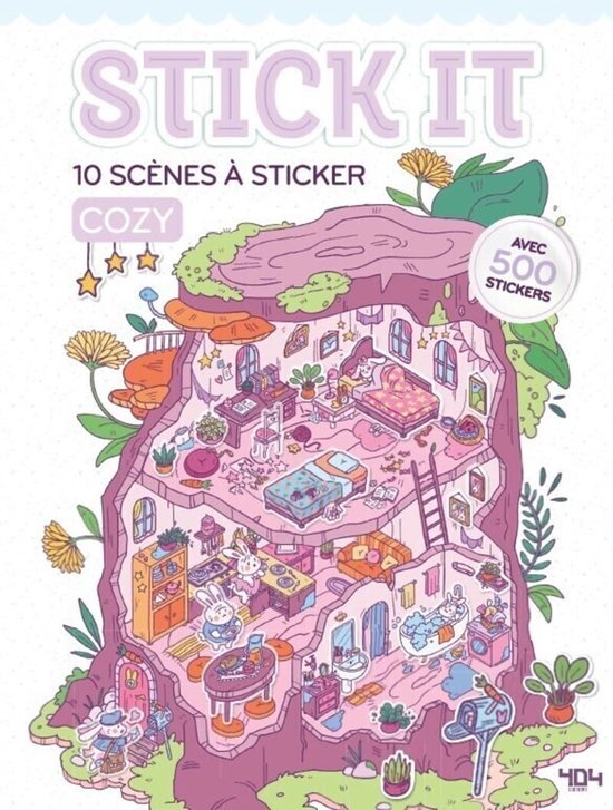 Stickerboek 'STICK IT COZY' met 10 scènes om te versieren met 500 stickers. Een boomstronk met ingerichte kamertjes vol konijnenfiguren.