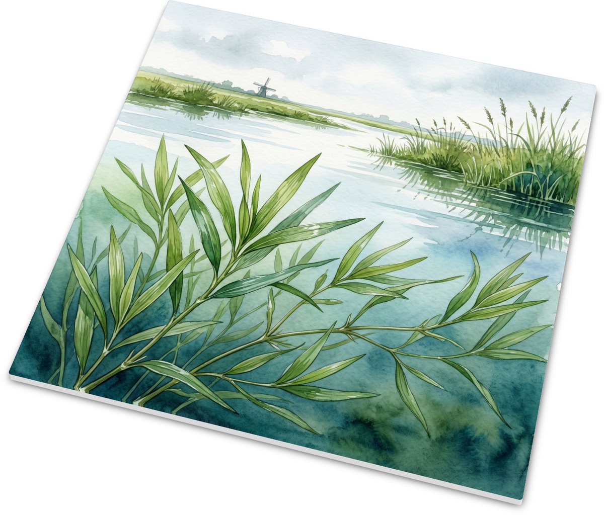 Tegeltje met puntig fonteinkruid Potamogeton acutifolius in beek - Aquarel illustratie van