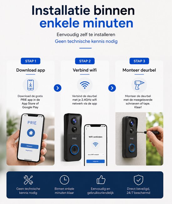 PRIE® 5K Ultra HD Slimme Draadloze Video Deurbel Met Camera - Geen abonnement - Deurbellen Met Camera - Deurbel Draadloos WiFi - Waterdicht - Incl. Gong (T-ring geluid) - Incl. 64GB SD — afbeelding 4