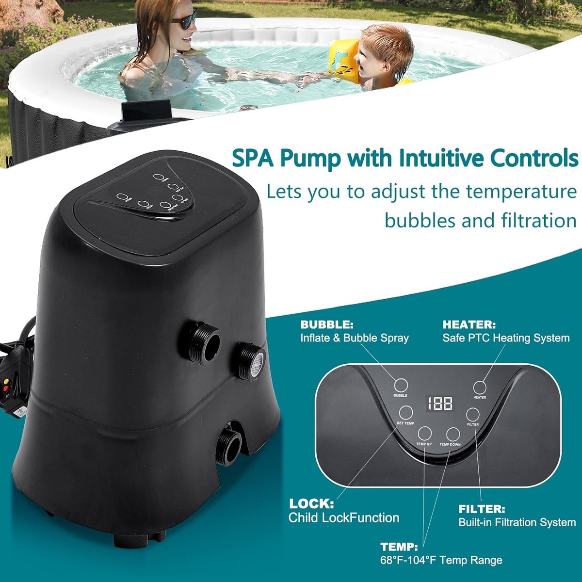Opblaasbare Jacuzzi 4 Personen Rond 180x180 cm – House&Garden Outdoor Whirlpool Spa met 120 Airjets, 1350W Verwarming, Thermische Isolatie Cover, PVC Hot Tub Badkuip voor Binnen & Buiten – Luxe Familie Spa