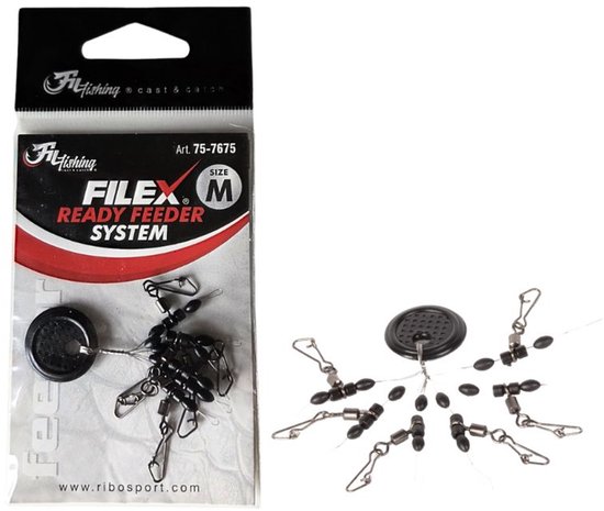 Verpakking met 'Filex Ready Feeder System' en maat M, met een visgerei met een zwarte schijf en acht takels met clips, draaibouten en zwarte kralen.