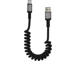 Phreeze USB-A naar USB-C kabel Uitrekbaar 1.5M Nylon 18W Quick Charge Zwart - USB-C Kabel - Data & Opladen - USB kabeltje geschikt voor CarPlay & Android Auto - Spiraalkabel - Krulsnoer - USB C naar USB kabel