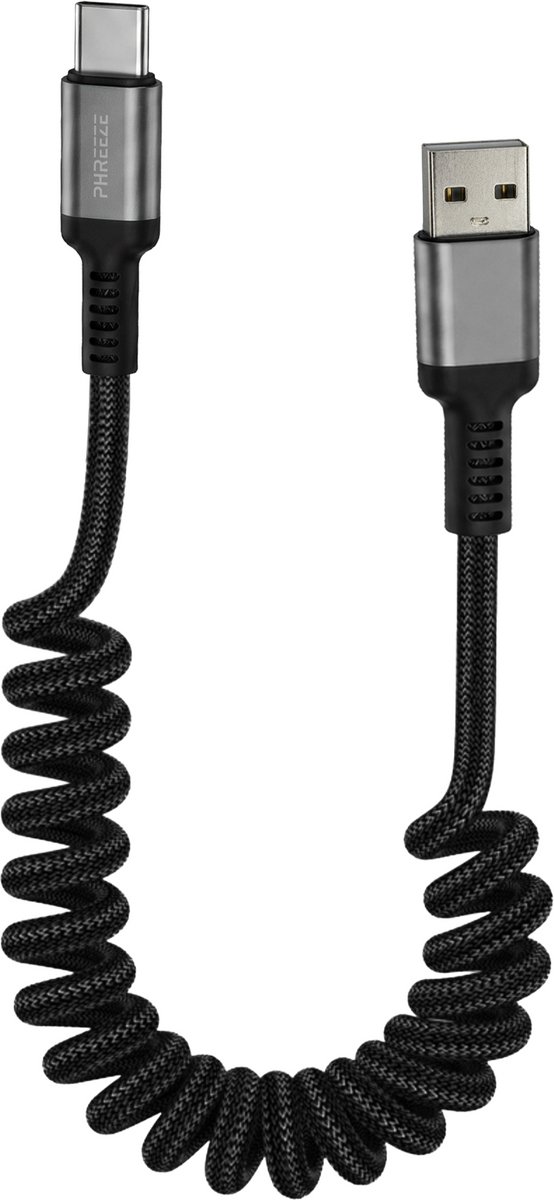 Image of Phreeze USB-A naar USB-C kabel Uitrekbaar 1.5M Nylon 18W Quick Charge Zwart - USB-C Kabel - Data & Opladen - USB kabeltje geschikt voor CarPlay & Android Auto - Spiraalkabel - Krulsnoer - USB C naar USB kabel