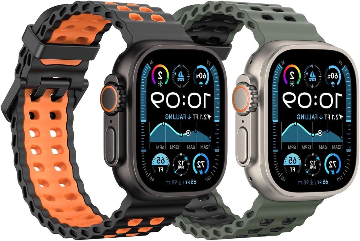 Ademend Ocean Band voor Apple Watch Ultra en Series - 2 Stuks, Twee Tonen Silicone Sportband voor Mannen en Vrouwen, Geschikt voor 49mm, 46mm, 45mm, 44mm, 42mm