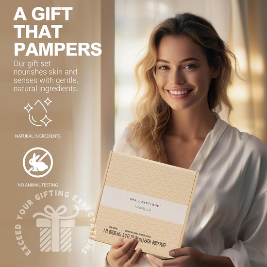 Een vrouw met een badjas houdt een geschenkdoos met 'Spa Luxetique Vanilla' vast, met de tekst 'A Gift That Pampers'.
