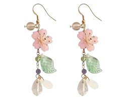 Zilver oorbellen-Ashley- roze- lang- bloemen- Charme Bijoux