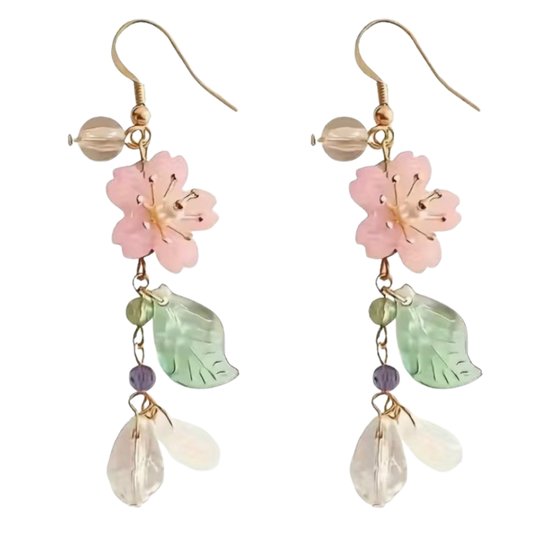 Zilver oorbellen-Ashley- roze- lang- bloemen- Charme Bijoux