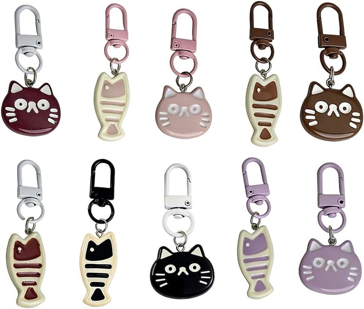 Set van 10 duurzame sleutelhangers met kat en vis, roestvrij staal en acryl, perfect voor rugzakken, auto's en als cadeau voor vrienden