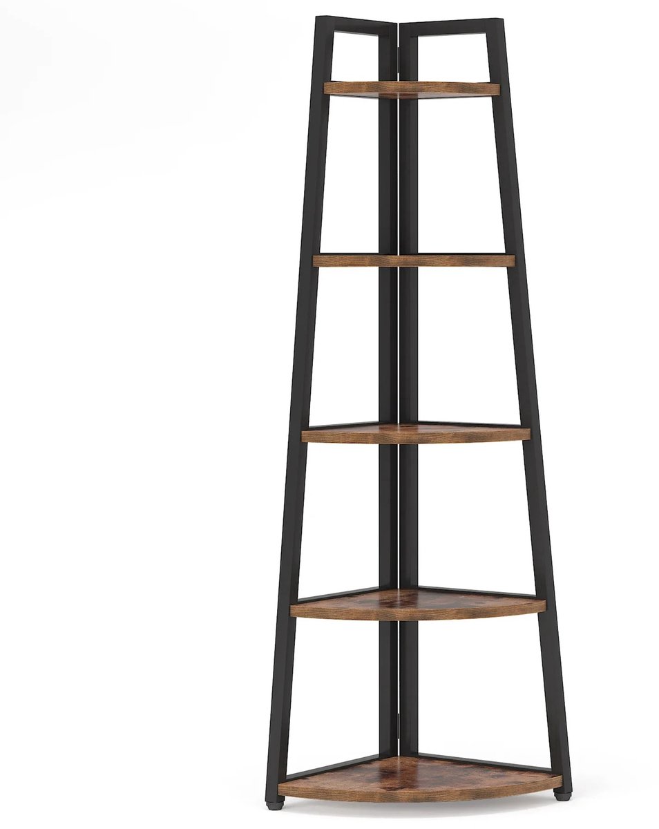 QUESTYR Hoek Boekenplank – 5‑Laags – Zwart/Bruin – Moderne Houten Hoekkast – Ruimtebesparend Opbergrek voor Woonkamer & Slaapkamer