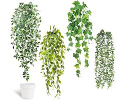 ROLLWAY 4 stuks hangplanten, kunstmatig als echte kunsthangplanten met witte pot, plastic klimop, hangende planten, 52 ~ 72 cm, kunsthangplant, groene plant, plastic planten, decoratie
