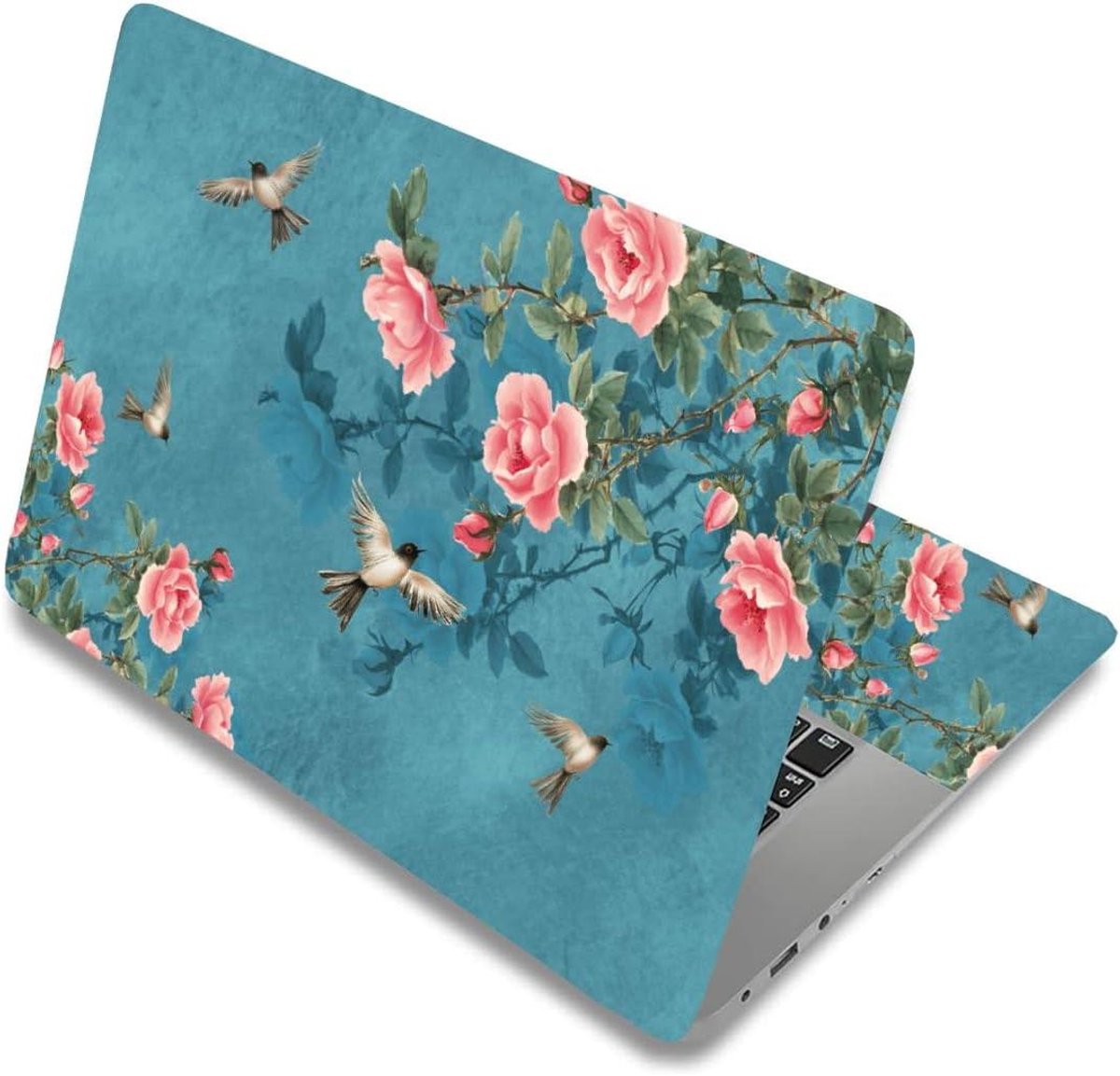 Laptop Sticker - Decoratie Skin - Laptop Personaliseren - Waterdicht Stofdicht - 38x27cm - Lichtblauw Bloemen