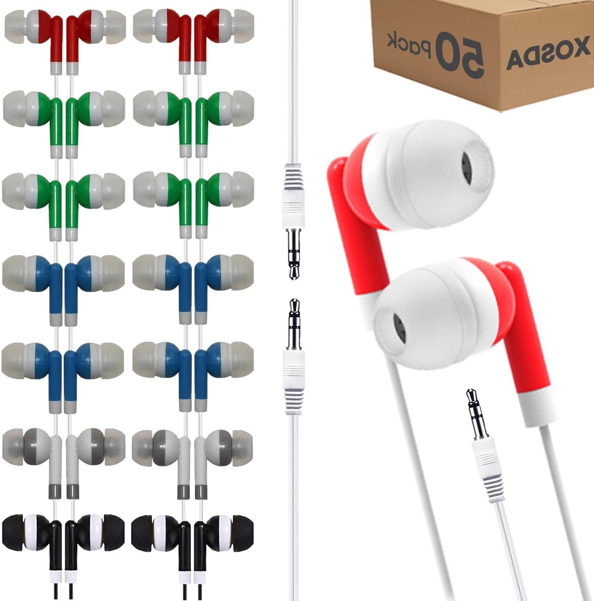 Bulk Oordopjes Hoofdtelefoon - Oortjes Set - Klaslokaal Gebruik - Individueel Verpakt - 50 Stuks - 5 Gemengde Kleuren