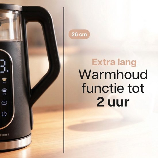 Zwarte waterkoker met glazen kan en een 26 cm hoge warmhoudfunctie tot 2 uur.