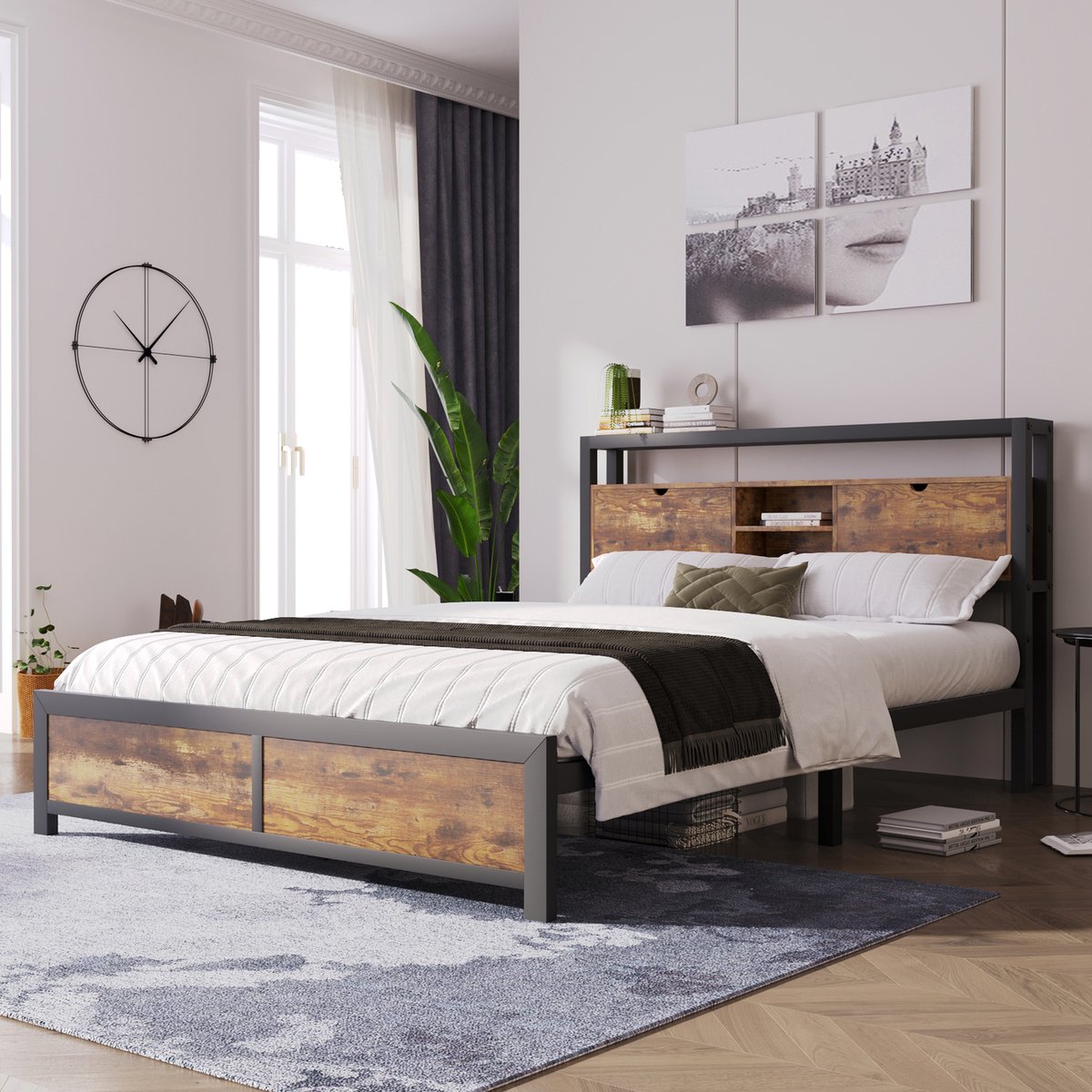 Wishdor Metalen Tweepersoonsbed 140x200 cm – Met Opberg Hoofdbord & Lattenbodem – Strak & Ruim – Metaal & MDF – Naturel Natuurlijk