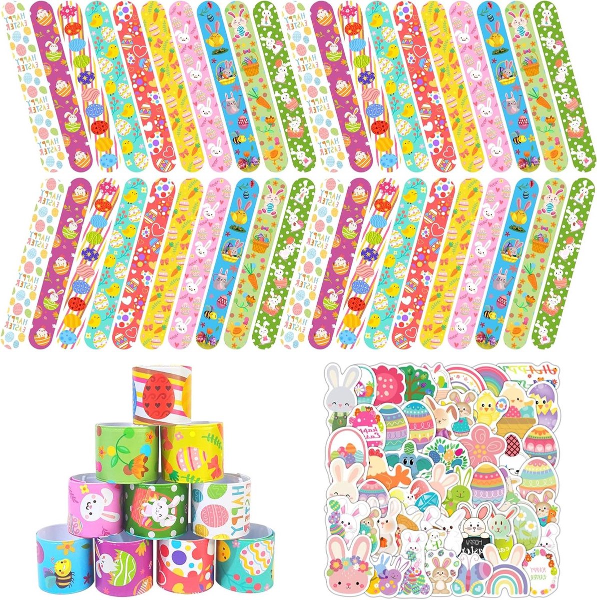 Easter Decoration, 90 Pieces Easter Stickers Set Easter Click Bracelets for Easter Stickers, Easter Bunny, Easter Eggs, Easter Chicks for Easter Decoration or Gift