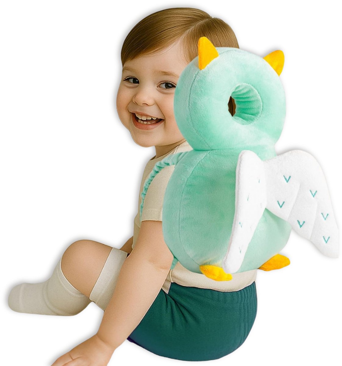 BoefieBoef Uil Baby Hoofdbeschermer - Valkussen Baby met Dierendesign - Valrugzak Lichtgewicht 190 g - Verstelbare Borstband - 4-36 Maanden - blauw mint