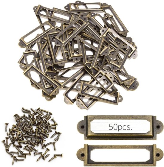 Pack van 50 metalen labelhouders - vintage - 60 x 17 mm - etikethouders - meubellabels - bureaunamenplaatjes
