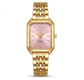 Montre analogique de couleur or pour femme – mouvement rectangulaire avec cadran rose et détail de chiffre romain – bracelet à mailles de couleur or élégant – montre à quartz
