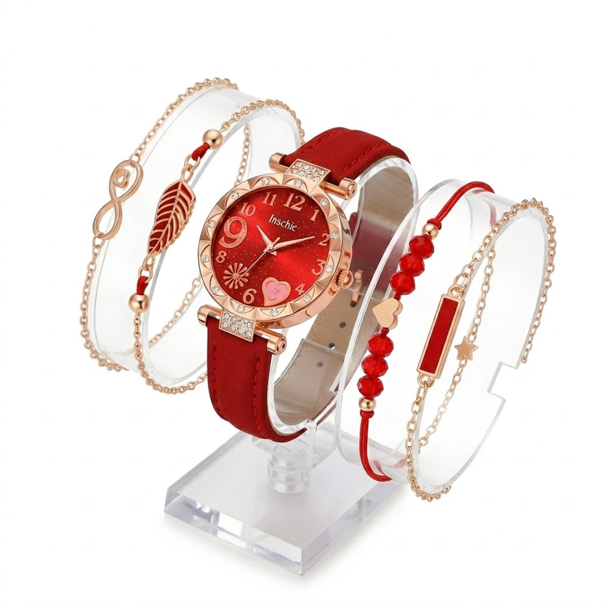 Rood analoog horloge dames - ronde wijzerplaat met goudkleurige details en hartmotief - rode band met decoratieve accenten - quartz horloge (set zonder box)