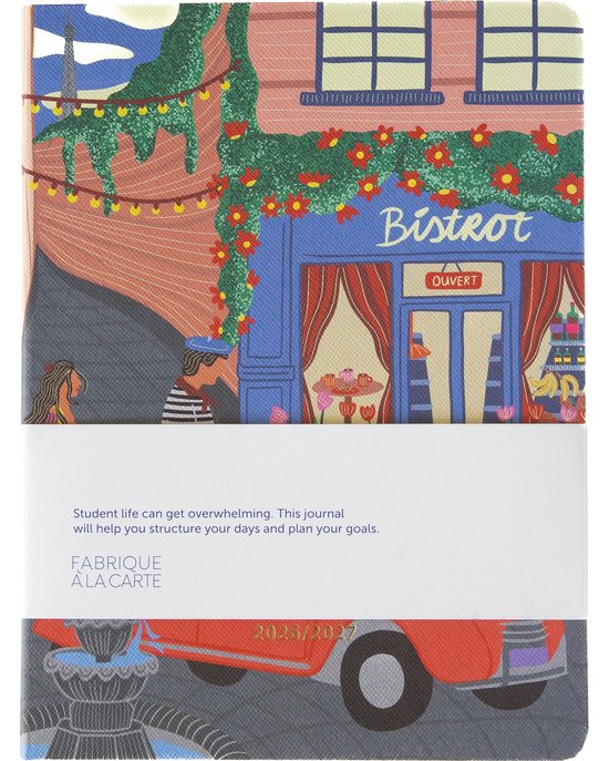 Agenda met illustratie van een Parijse bistro. Het toont de winkelnaam 'Bistrot' en de tekst 'OUVERT'.