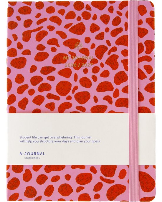 Roze agenda met luipaardprint in rood. Tekst: 'MY JOURNAL 2026/2027'.