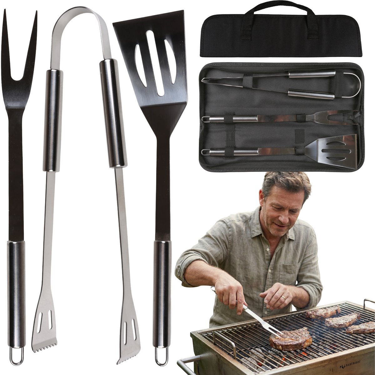 Barbecueset, met spatel, tang en barbecuevork – roestvrijstalen set in een etui