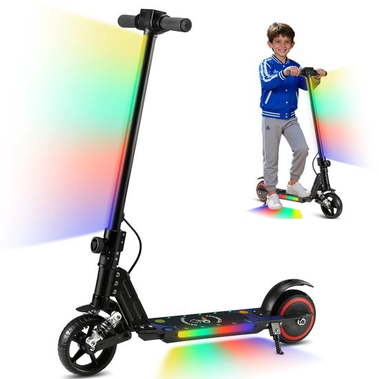 Elektrische kinderstep 6-12 jaar inklapbaar, 130W motor, dubbele rem, vering, LED verlichting, 14 km/u zwart