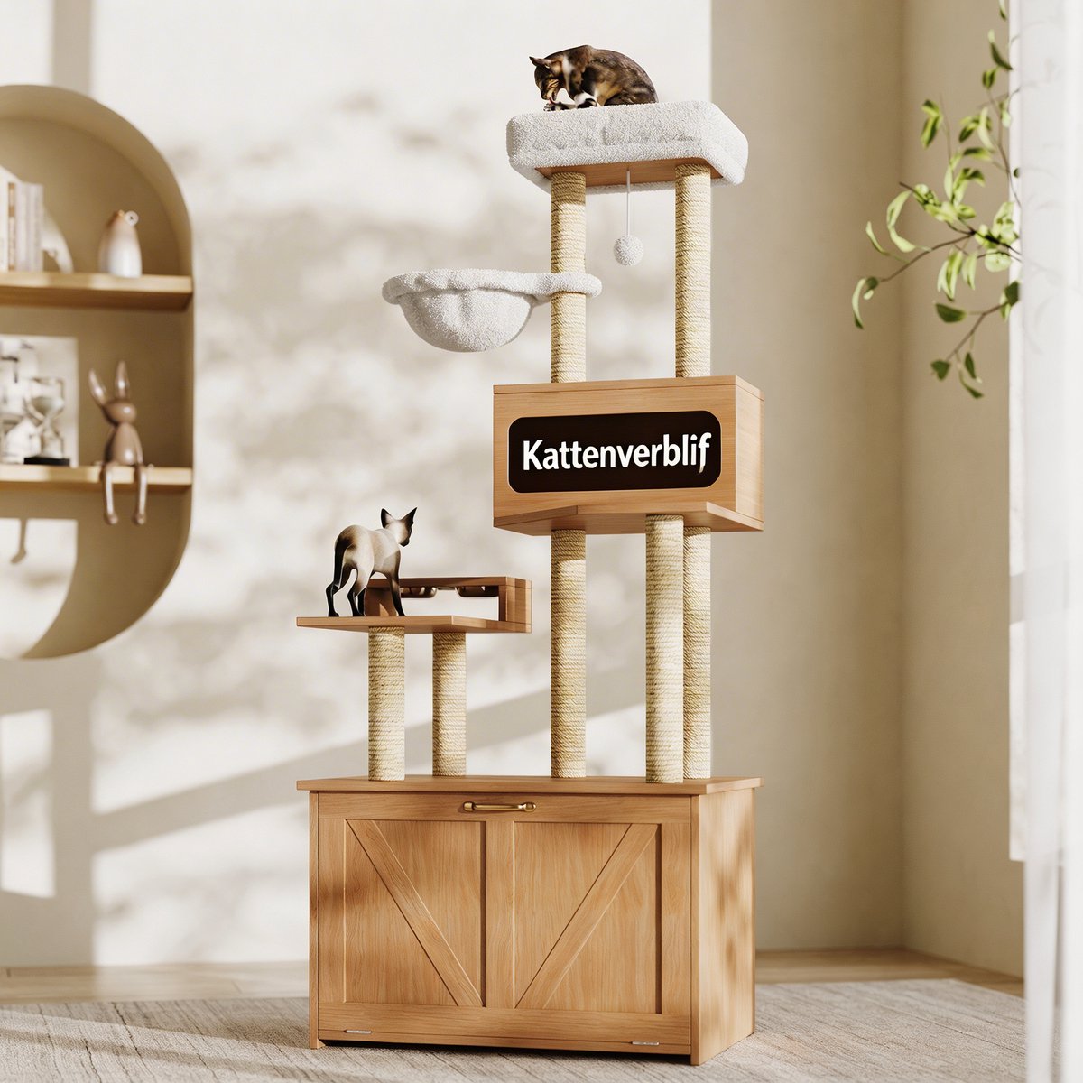 Krabpaal kattenboom ROLIPO - kattenmeubel met kattenbakkast, kattenhuis, hangmat, voerstation en grote ligplek - kattentoren voor binnenkatten, wandgemonteerd, walnootkleur - 80 × 50 × 173 cm