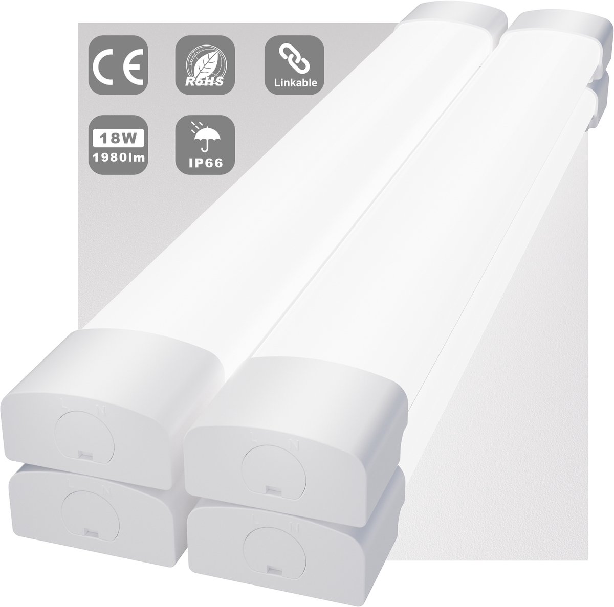 MODLICHT - 4PCS LED Batten 60 cm 18W 5000K 2000LM - Daglicht wit - LED TL Armatuur - Voor werkplaats, schuur en als onderbouwverlichting