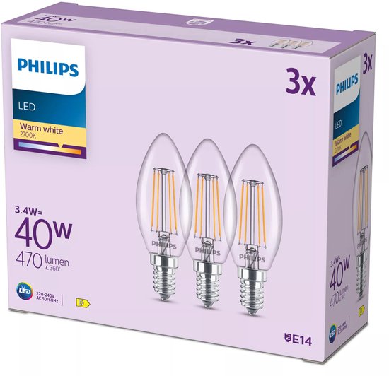 Verpakking van drie Philips LED kaarslampen B35, helder glas, met zichtbare filamenten. Specificaties: 3.4W=40W, 470 lumen, warm wit licht, E14.