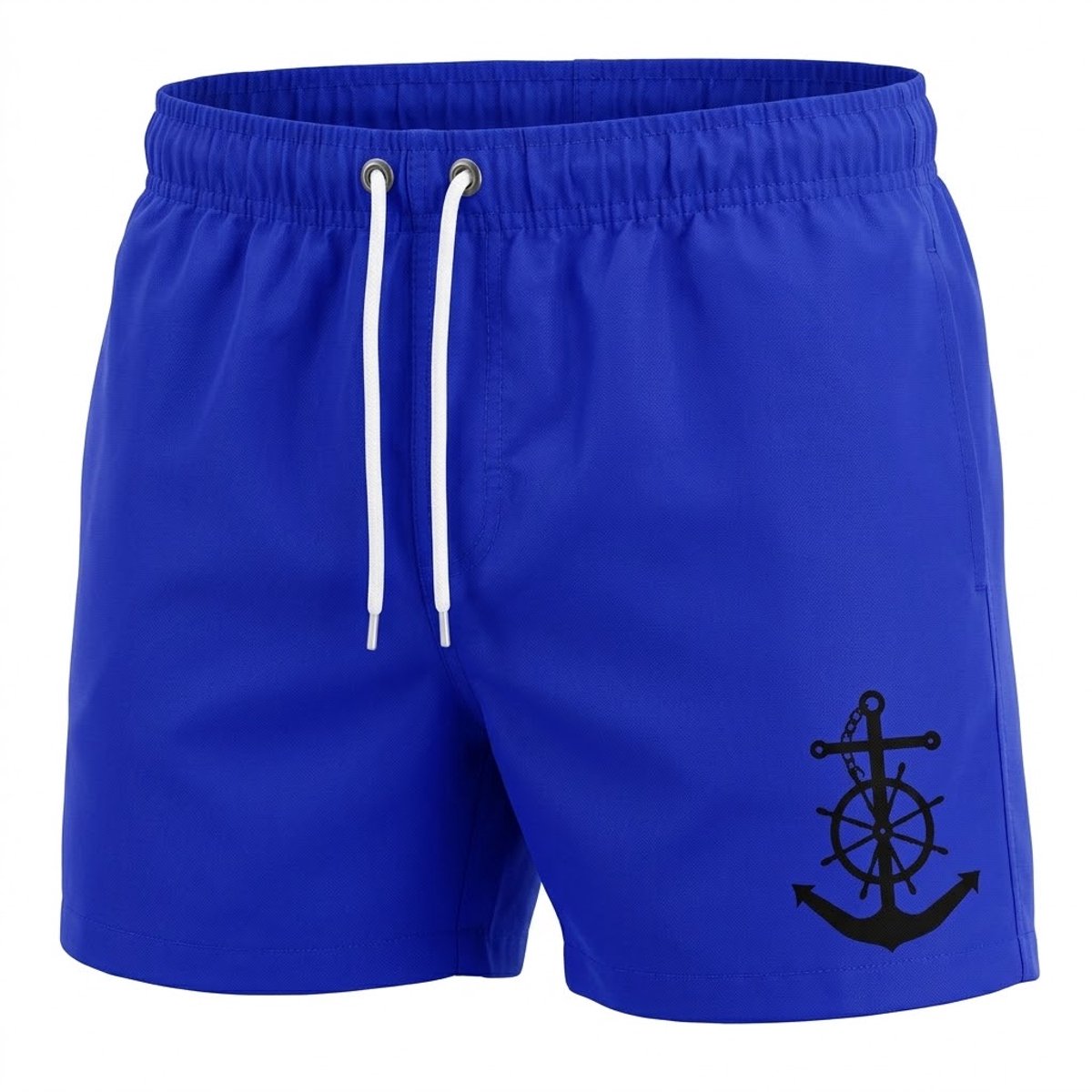 Koningsblauwe zwembroek heren met anker print – heren zwem short met elastische tailleband en wit trekkoord – korte strand zwembroek met mesh voering en zijzakken – effen koningsblauwe zwem short voor strand en zwemmen – maat XXL