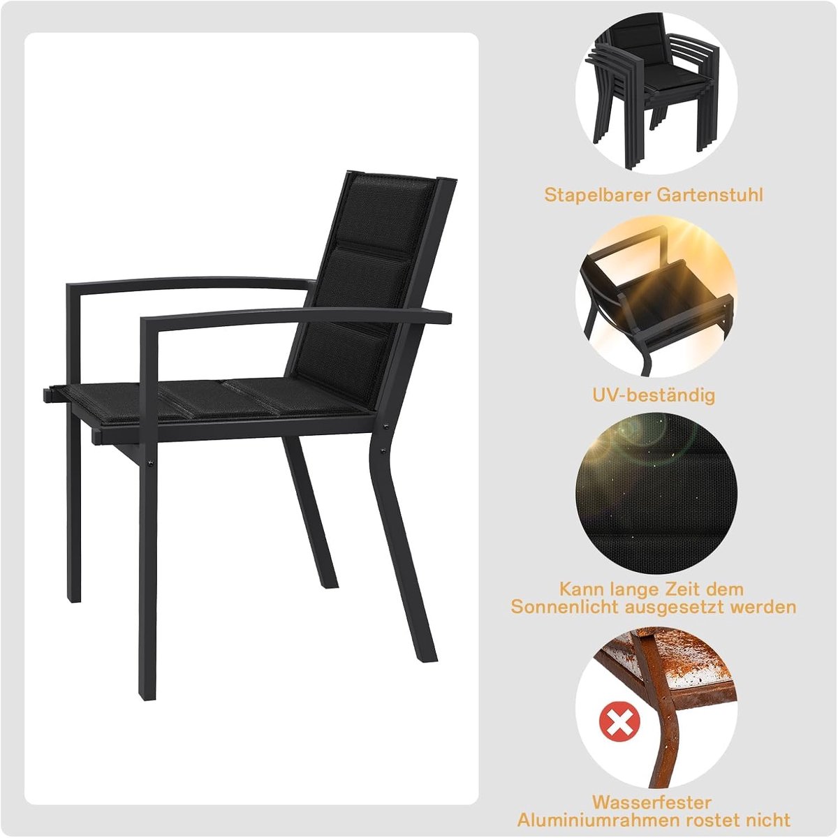 Tuinmeubelset 6 Personen Uittrekbare Tuintafel 80-160x80 cm met 6 Stapelbare Stoelen Aluminium Weerbestendig Donkergrijs – Modern Terras & Balkon Set – Laura