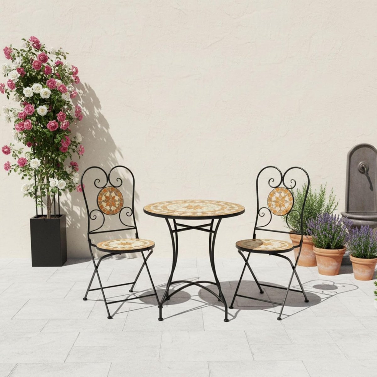 Bistroset 3-delig 60 x 60 x 70 cm – Opvouwbare Balkonset met Mozaïek Tafel en 2 Stoelen – Vintage Tuinset Weerbestendig Metaal voor Balkon & Terras – Urbanhome