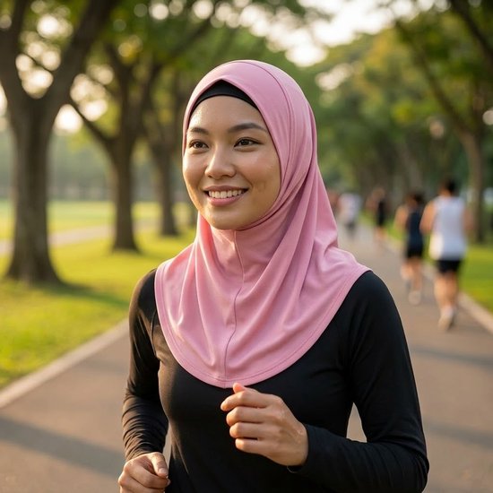 Een lachende Aziatische vrouw in een roze hijab en zwart shirt, joggend op een pad in een park.