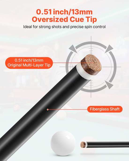 VEVOR Biljartkeu 1 St. (1473,2 mm / 595 G) Gemaakt Van Glasvezel met Meerlaagse Punt, Geschikt voor Bar, Thuis, Kantoor, Amerikaans 9-Ball Spel, Poolkeu van VEVOR — afbeelding 2