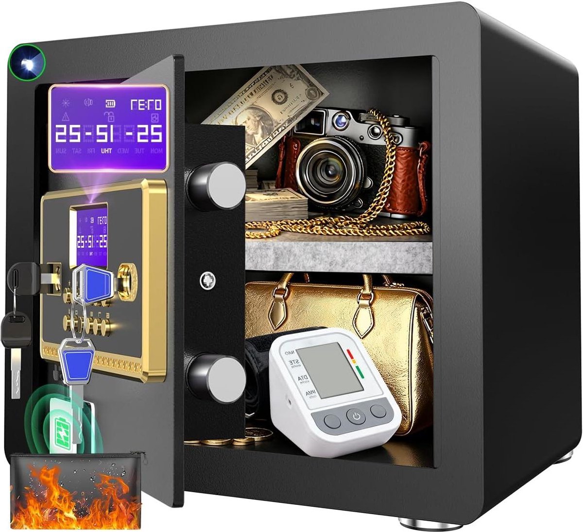 Safe Box with Digital Keyboard and Alarm System - Electronic Lock Box for Jewelry Cash with Adjustable Shelves - Includes LED Light and Fireproof and Waterproof Bag (0.8/1.0/1.3/2.5Cuft