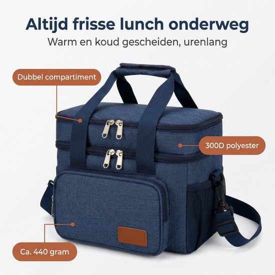 Cheqo® Koeltas - Lunchtas - Geïsoleerde Koeltas - Picknicktas - Thermotas - Opvouwbaar - Coolerbag - Koeltasje - Lunch Bag - Schoudertas - Isolatietas voor Volwassenen en Kinderen - Waterafstotend - Dubbel Compartiment - Lekvrij - Eettas van Cheqo — afbeelding 2