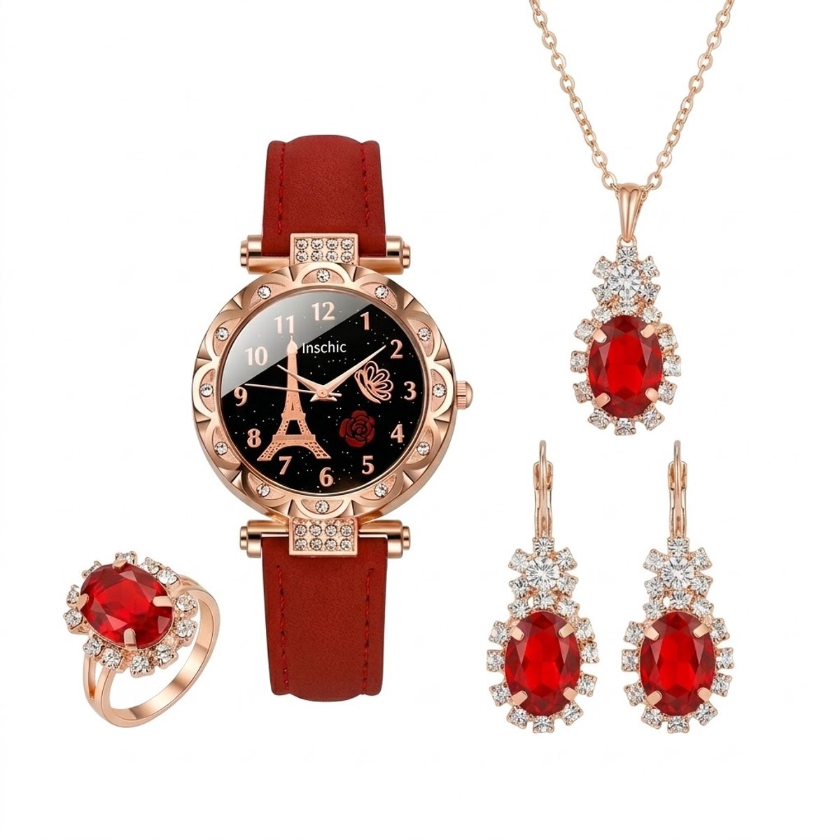 Rood analoog horloge dames - ronde wijzerplaat met goudkleurige details en Eiffel Tower design - rode band - quartz horloge (sieraden niet inbegrepen)