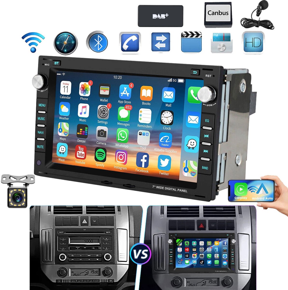 ESSGOO Autoradio - Geschikt Voor VW volkswagen Polo 9N Golf 4 Passat B5 T5 - Android 15 - 4+64GB - Draadloos Apple Carplay & Android Auto - Bluetooth Wifi GPS - DAB - Microfoon - 12LED Achteruitrijcamera