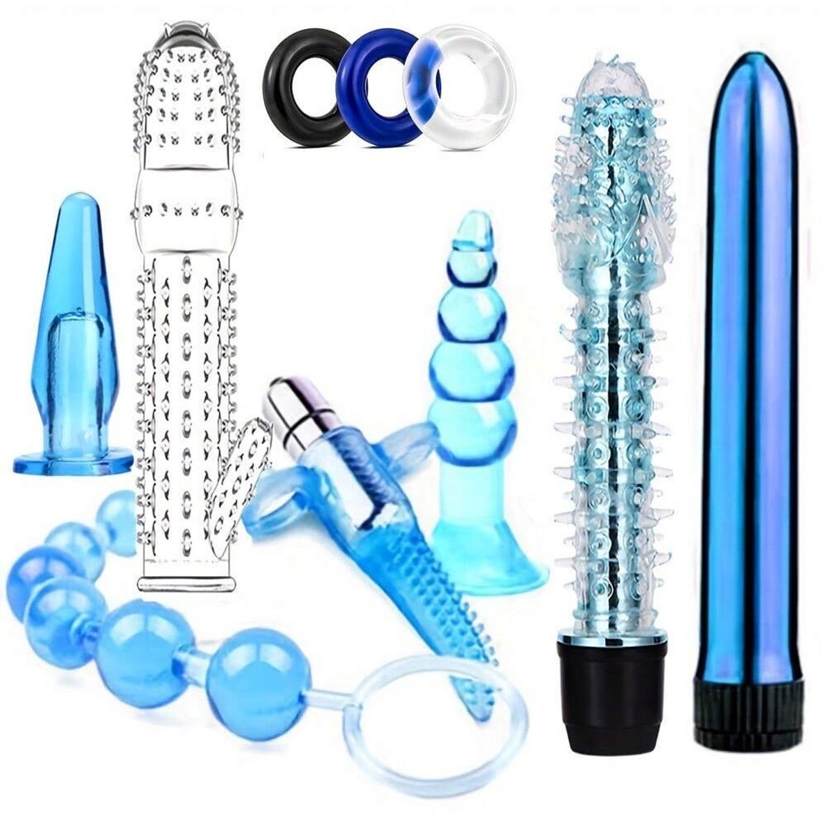 Oneay Anaal Plug Set – 10-delig Siliconen Buttplug Set met Verschillende Maten & Structuren – Inclusief Ballenketting & Cockringen – Beginners & Gevorderden – Ergonomisch, Flexibel & Huidvriendelijk – Intieme Wellness Set – Blauw
