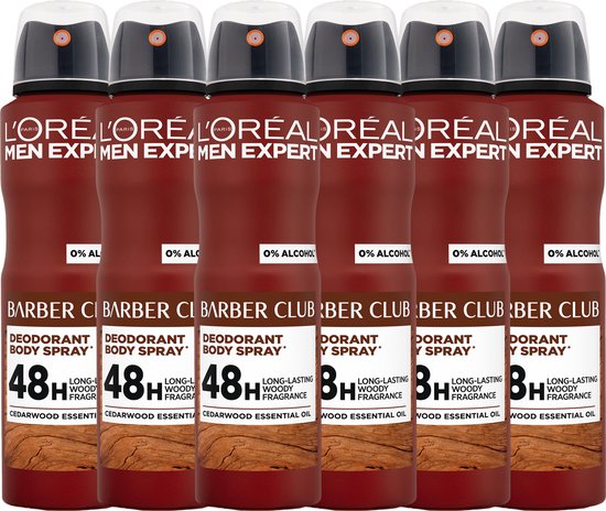 L'Oréal Paris Men Expert Barberclub Deodorant Spray - 48U anti-geur bescherming - Houtachtige Geur -Alcoholvrij - 150ml x6